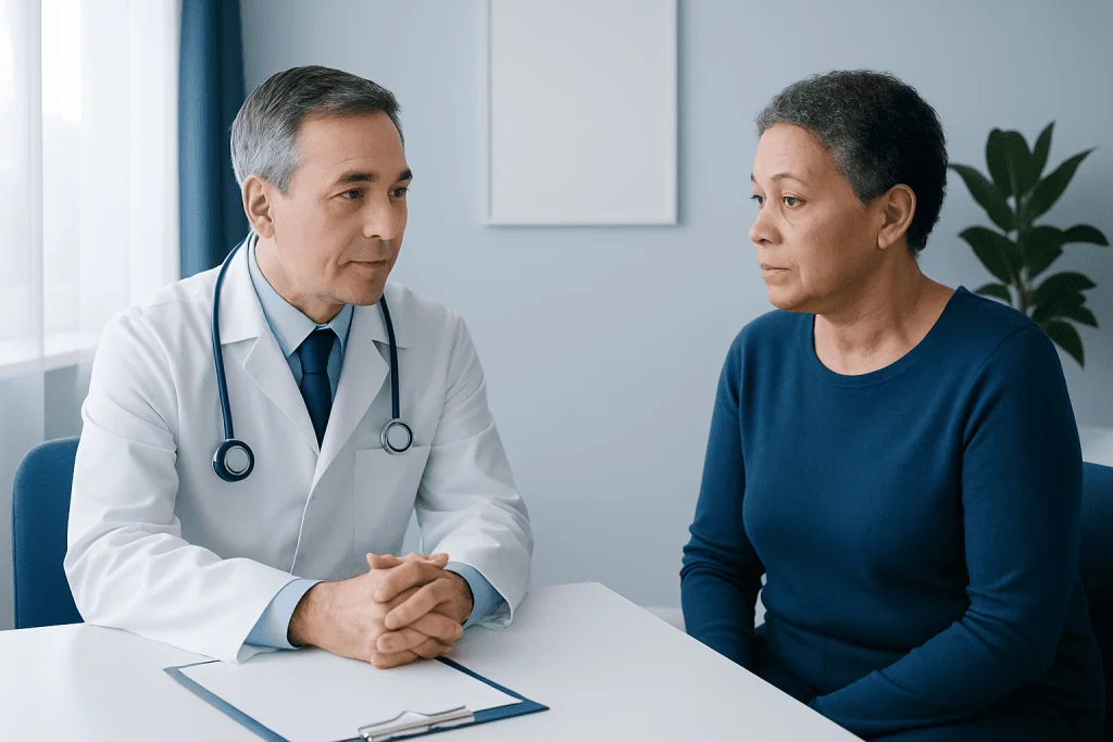 Doctor consulting with a patient about eye health in a clinical setting.