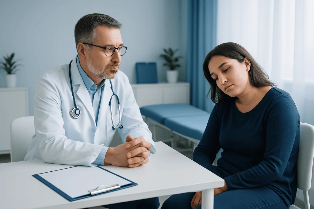 Doctor consulting with a young woman in a medical office setting.