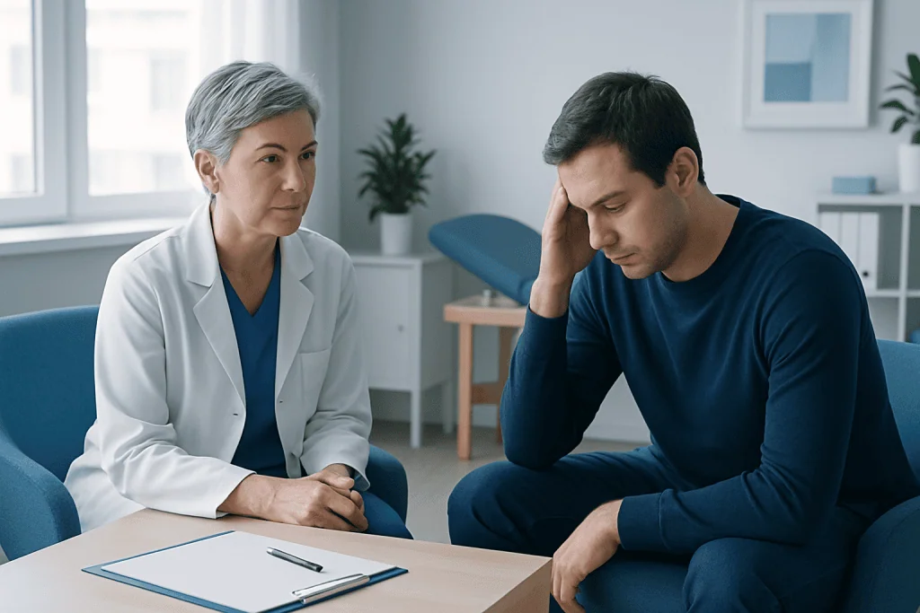 Doctor consulting with a young male patient in a medical office.