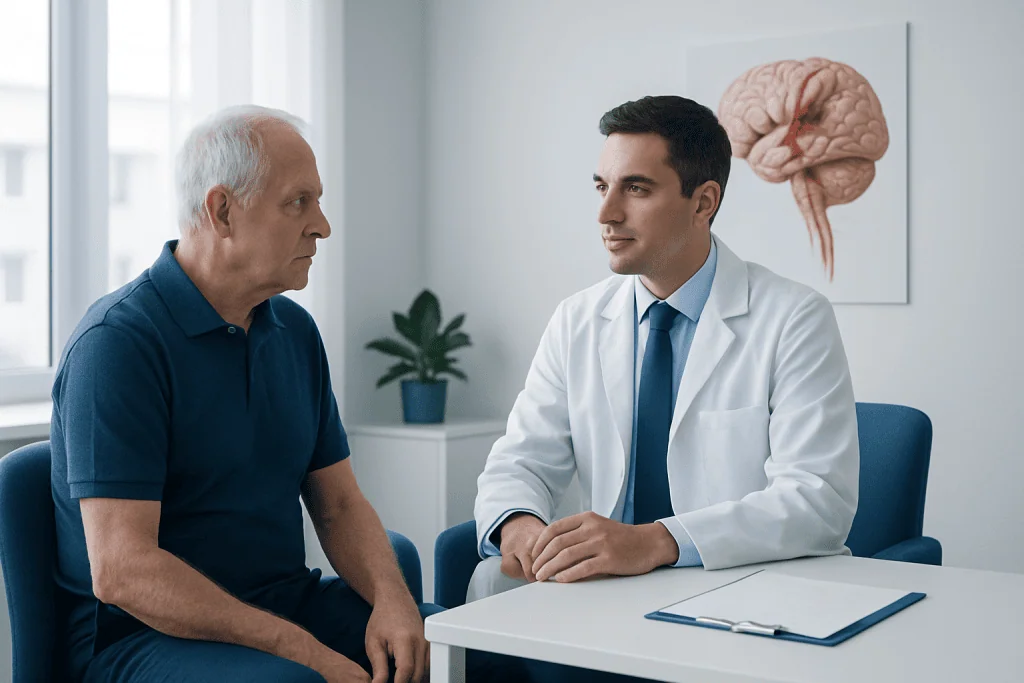 Doctor consulting with an elderly patient about brain health in a medical office.