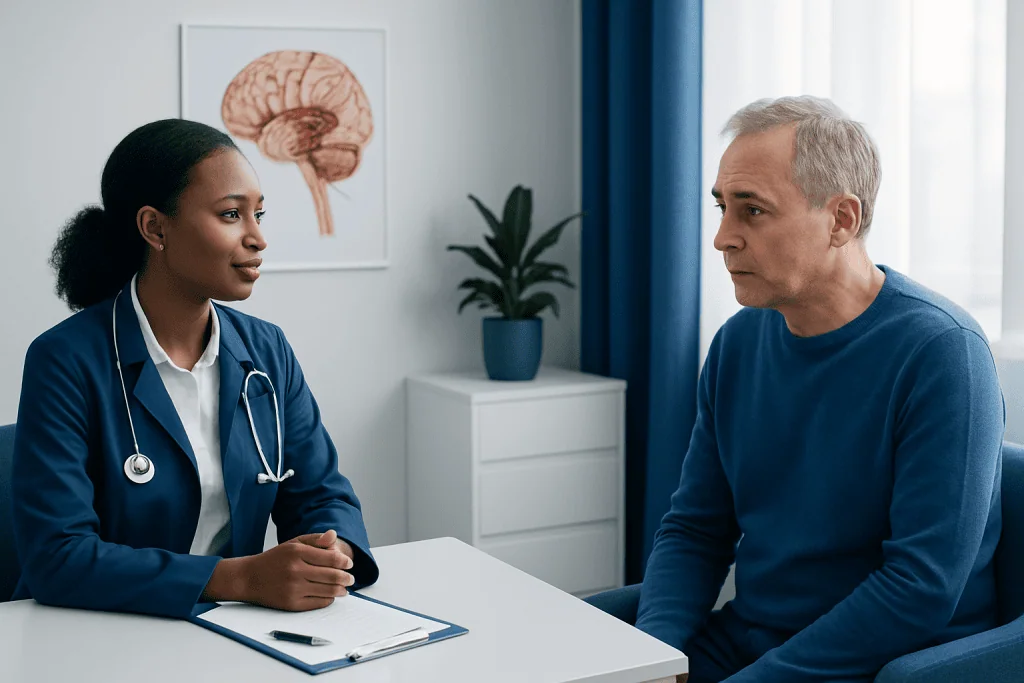 Doctor consulting with a patient in a medical office with brain anatomy poster.