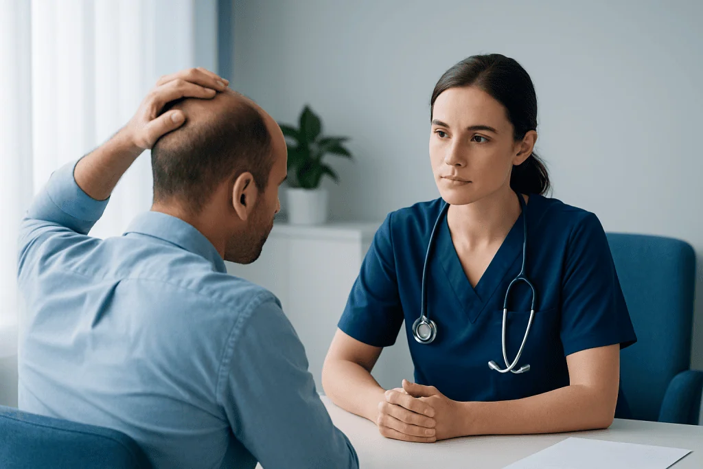 Doctor consulting male patient about hair loss treatment options.