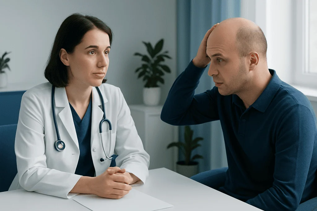 Doctor consulting with a male patient about hair loss treatment options.
