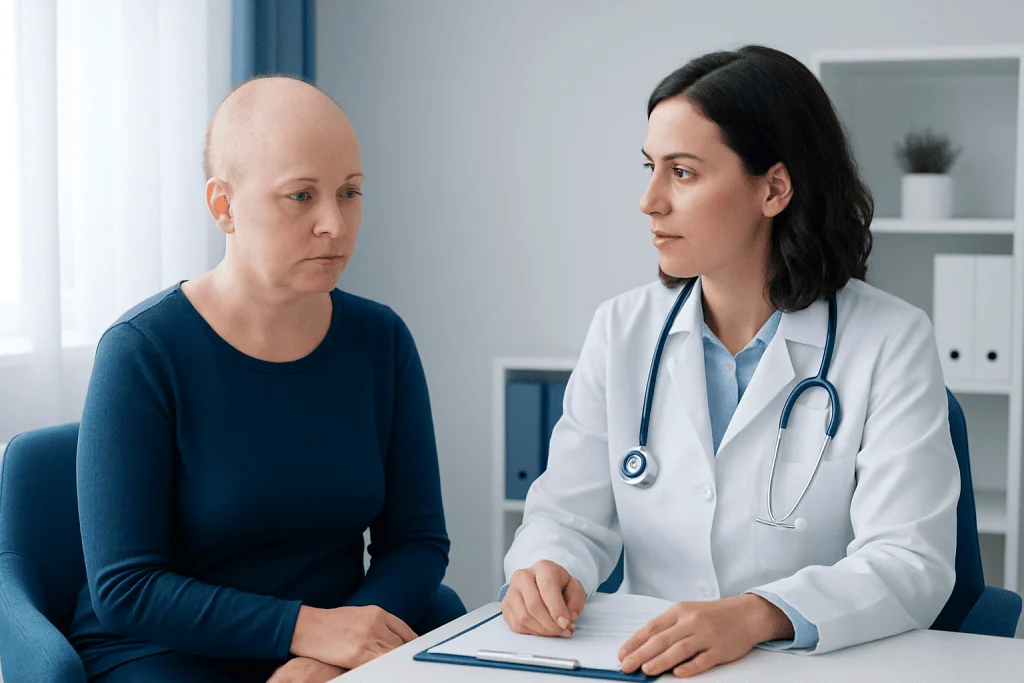 Doctor consulting female patient about hair loss treatment options.