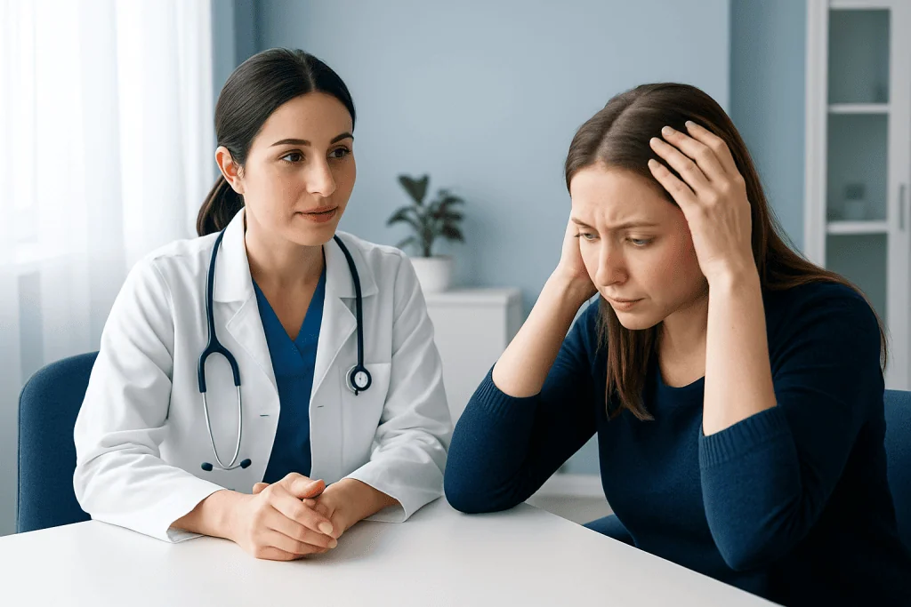 Doctor consulting with a woman experiencing hair loss or stress.