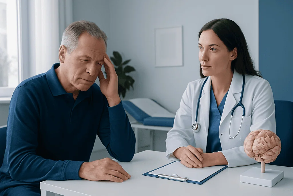 Doctor consulting with an elderly patient about stroke symptoms in a medical office.