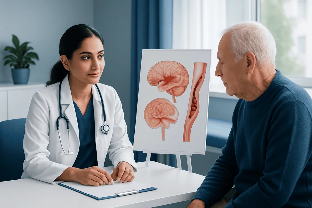 Doctor explaining brain anatomy to elderly patient in consultation room.