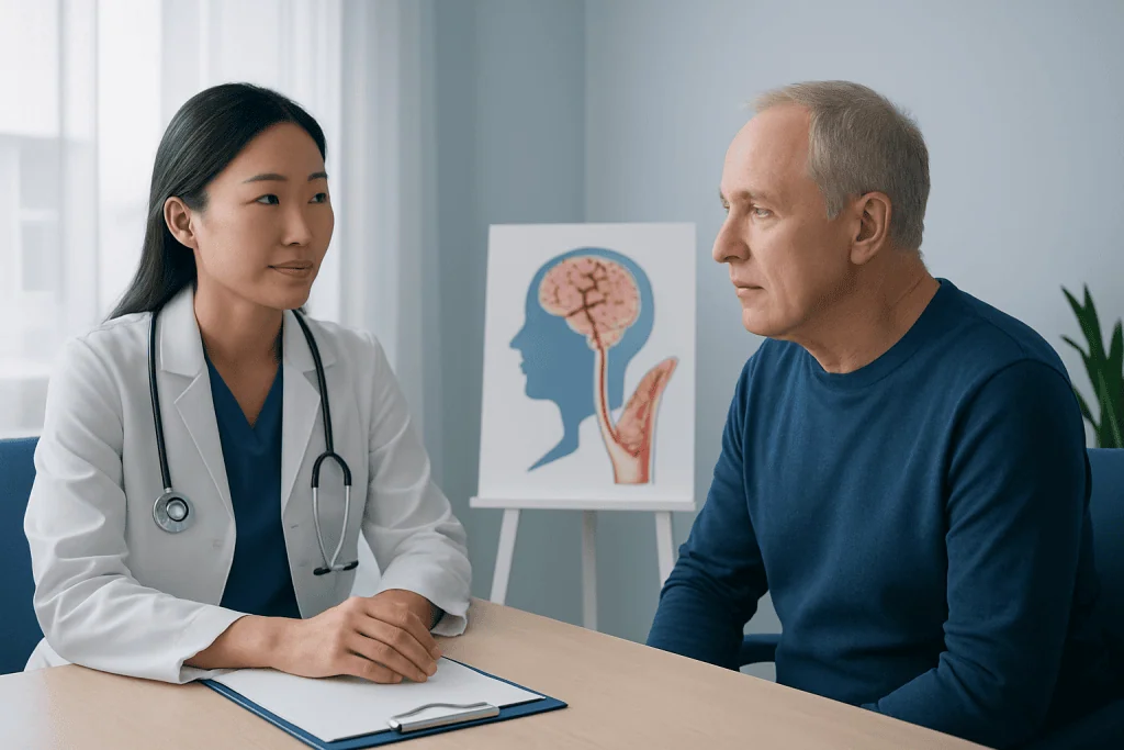 Doctor consulting with a patient about stroke symptoms in a medical office.