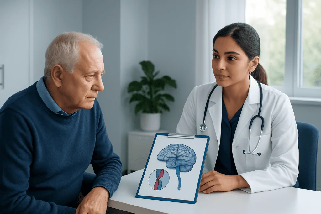 Doctor explaining brain health to elderly patient in a medical consultation.