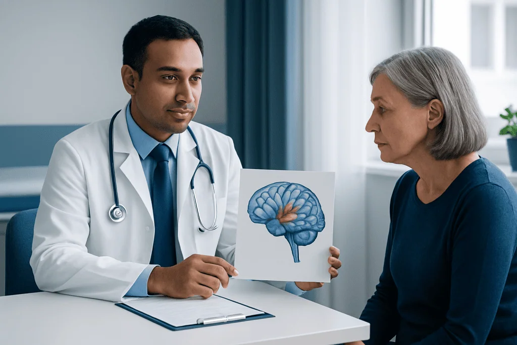 Doctor explaining brain diagram to elderly patient in consultation room.