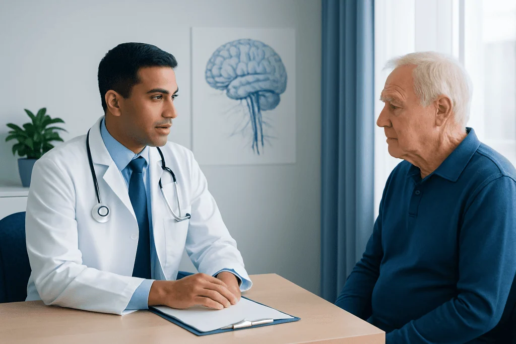 Doctor consulting elderly patient about stroke symptoms in clinic.