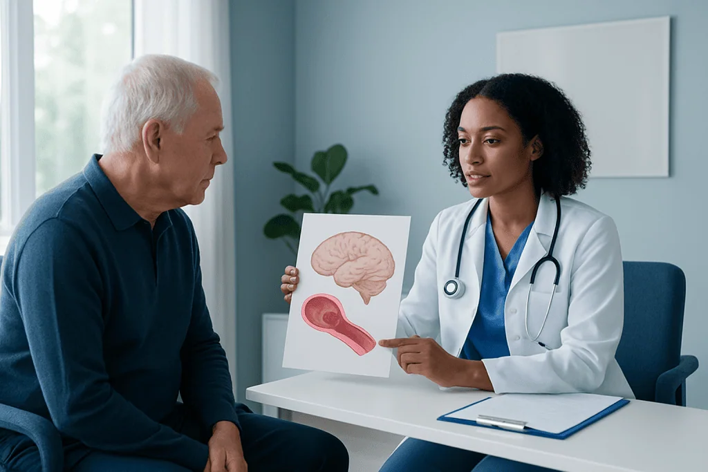 Doctor explaining stroke causes with brain and artery diagram to patient.