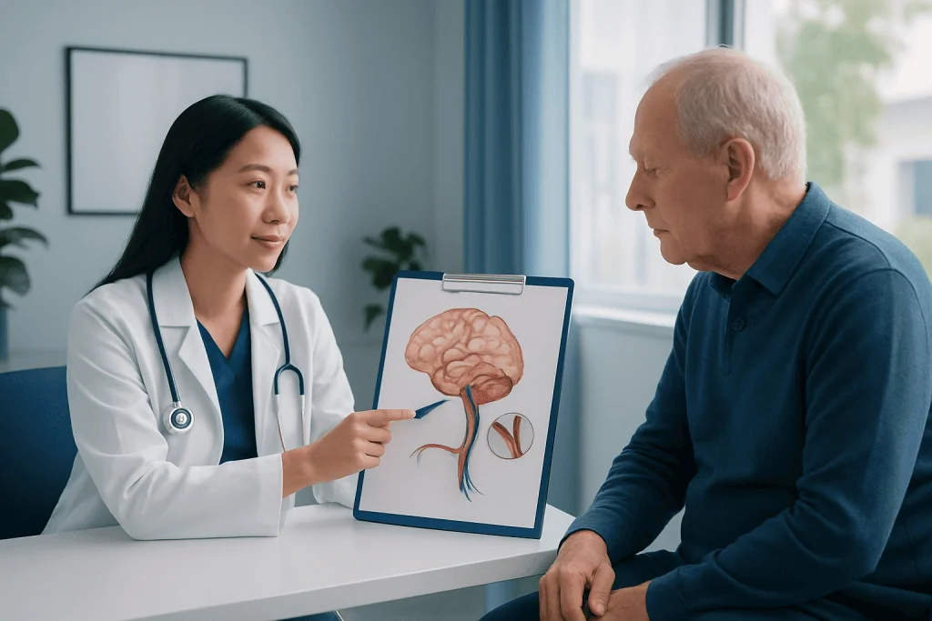 Doctor explaining brain anatomy to patient in a consultation room.