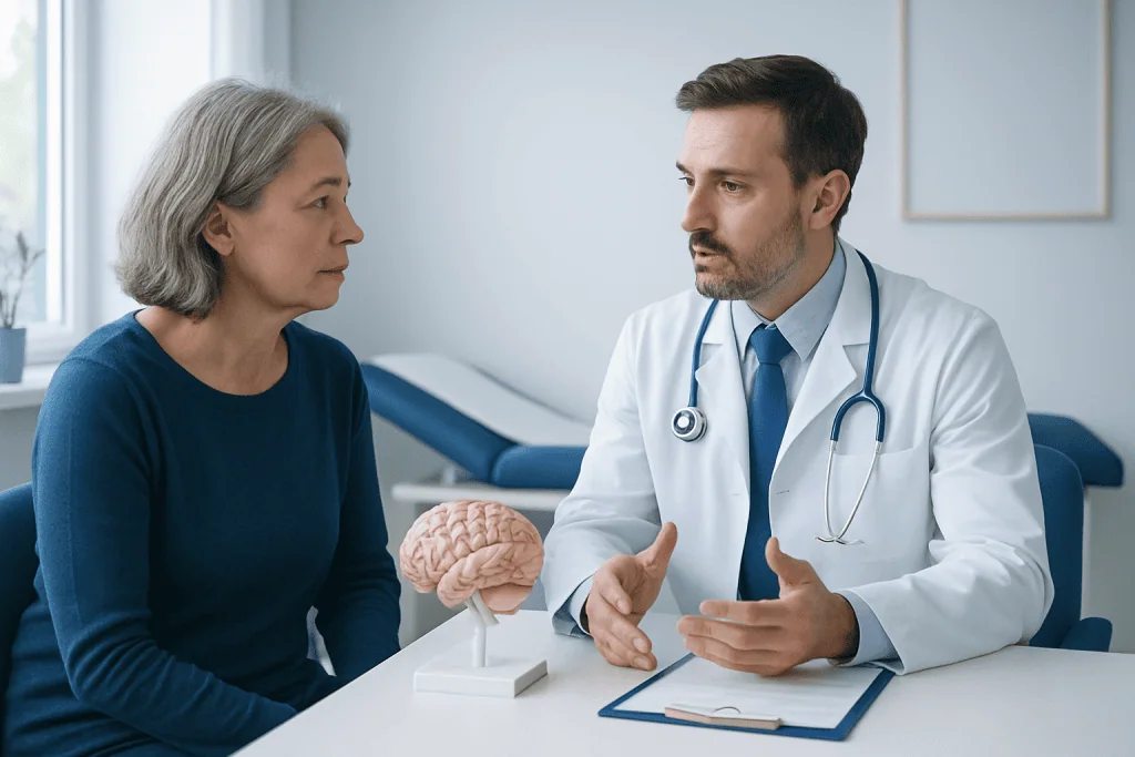 Doctor explaining brain health to an elderly woman in a medical consultation.