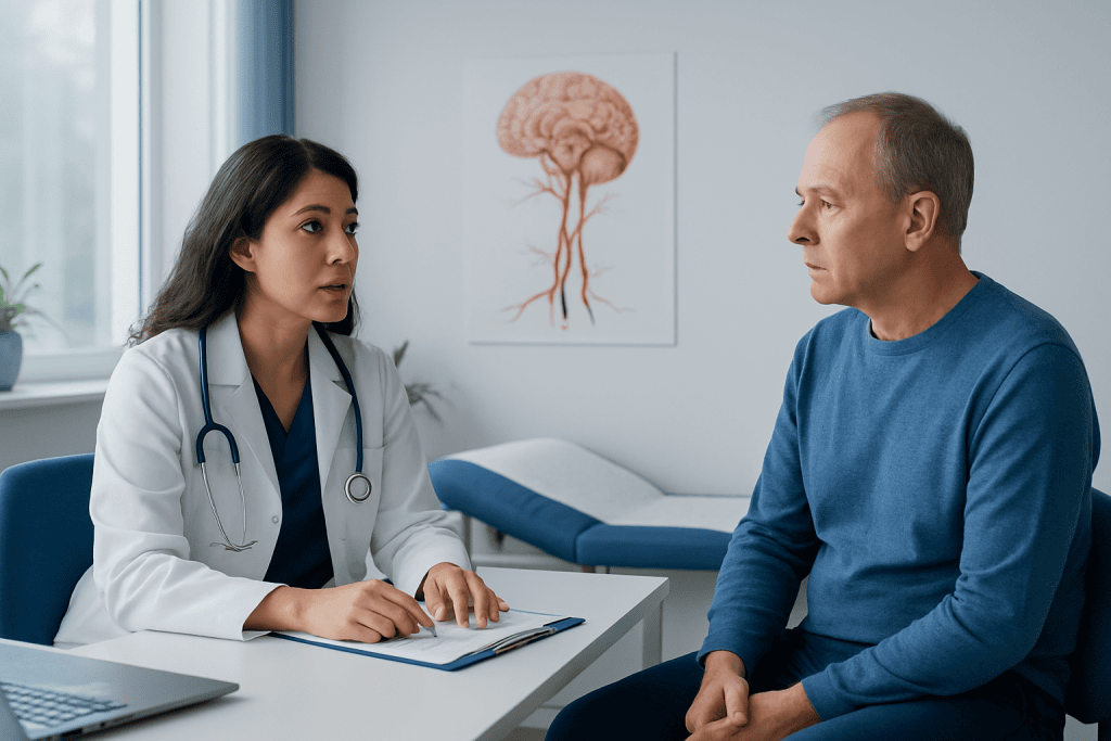 Doctor consulting with a patient about cerebral infarction treatment options.