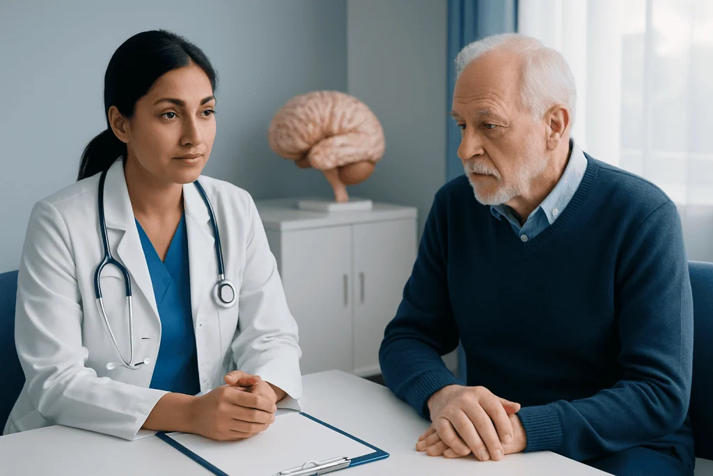 Doctor consulting elderly patient in a medical office with brain model in background.