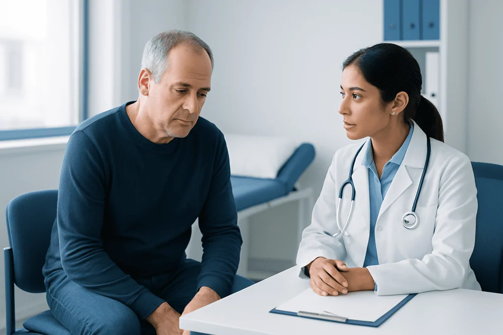 Doctor consulting with a middle-aged male patient in a medical office.