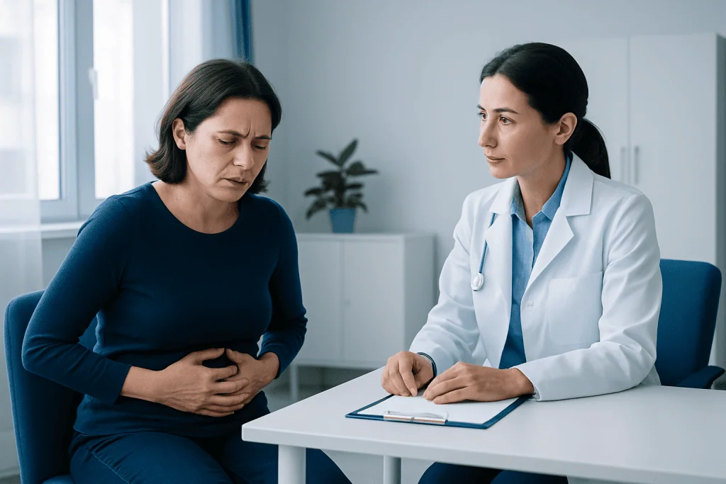 Doctor consulting with a woman experiencing abdominal discomfort.