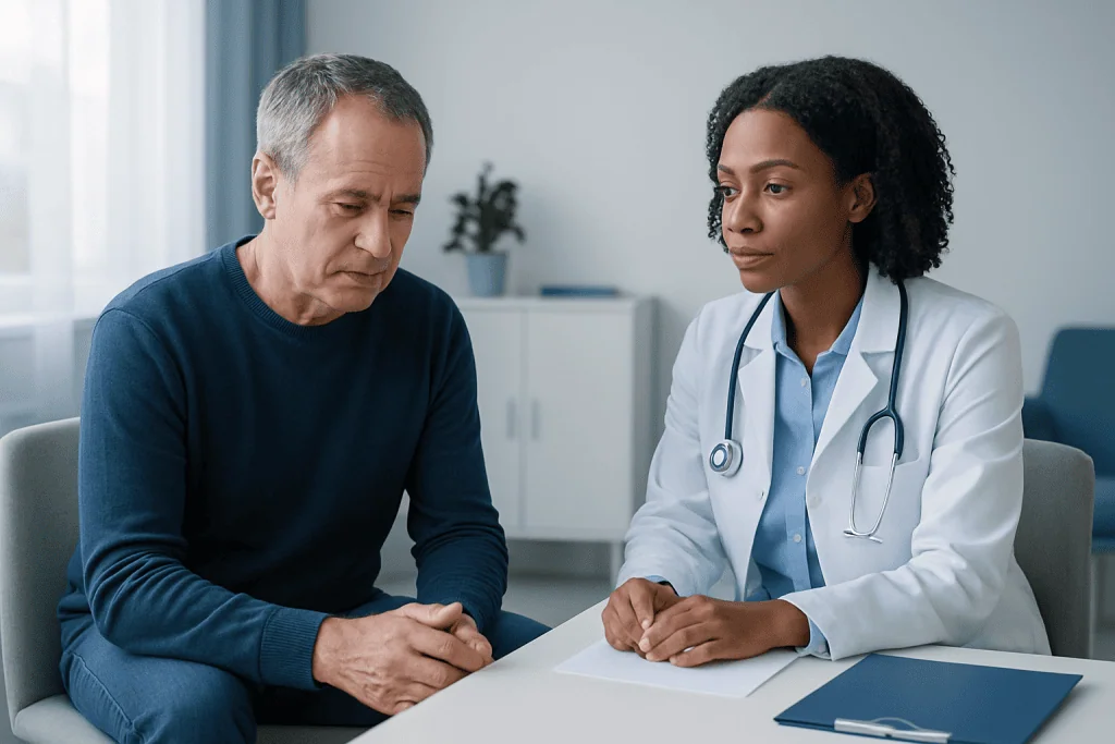 Doctor consulting with an older male patient about tremor symptoms.