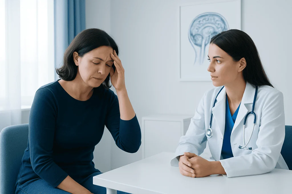 Doctor consulting with a woman experiencing headache symptoms.