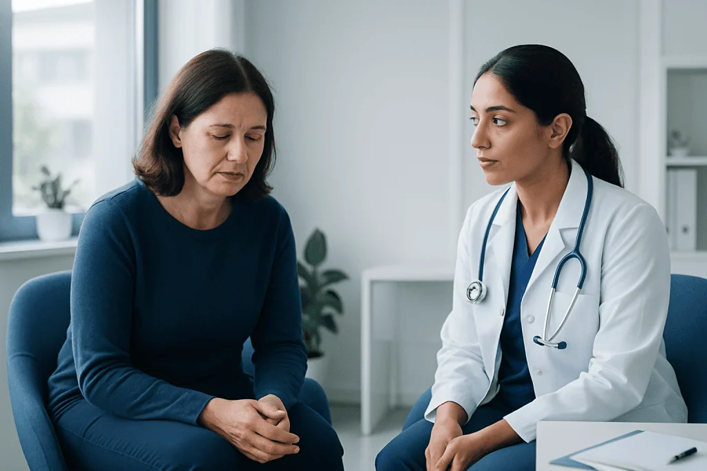 Doctor consulting with a patient about neurological symptoms in a clinical setting.