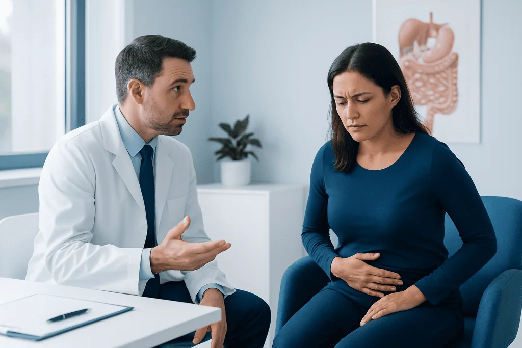 Doctor consulting with woman patient about gastrointestinal issues.