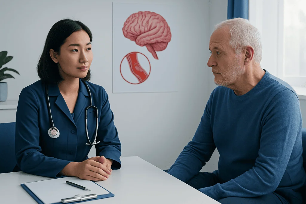 Doctor consulting with an elderly patient about brain vessel narrowing.
