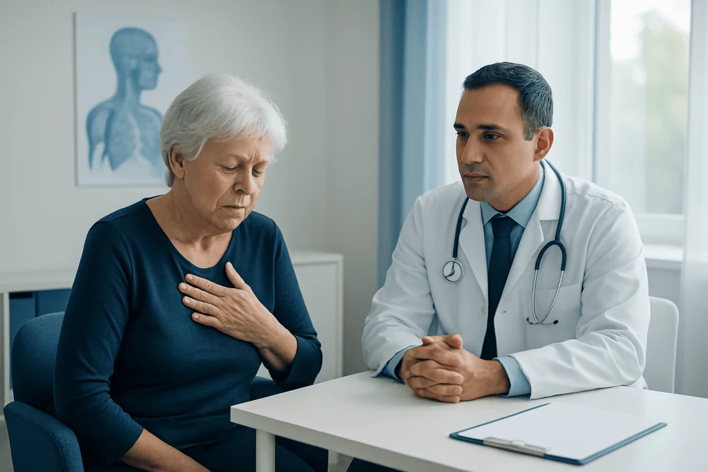 Doctor consulting with elderly woman about health concerns in clinic.