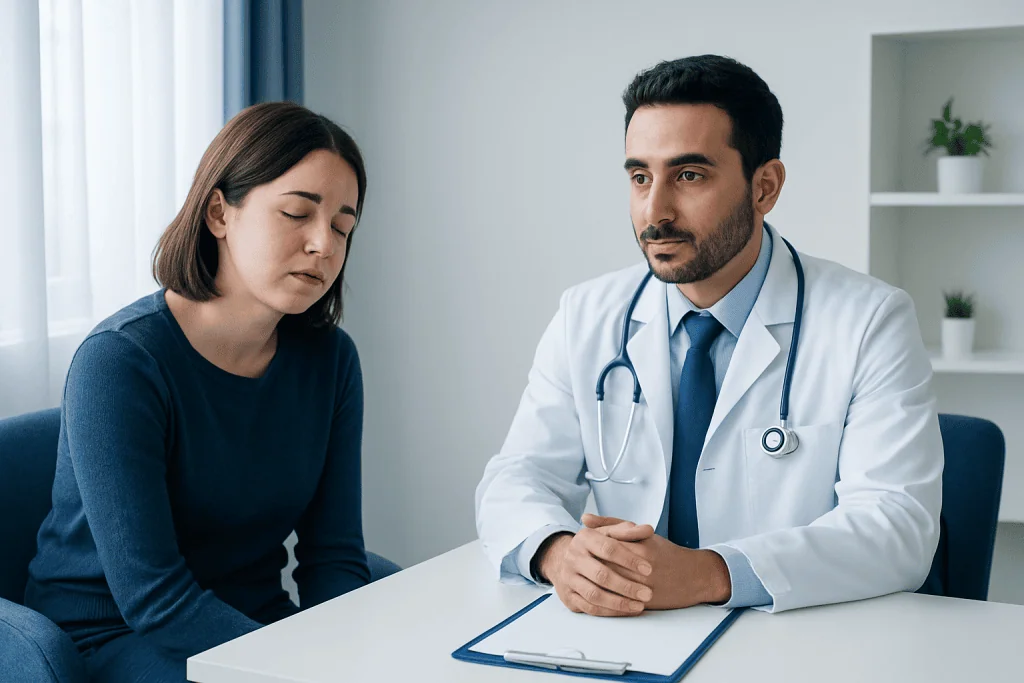 Doctor consulting with a patient about sleep issues in a clinical setting.