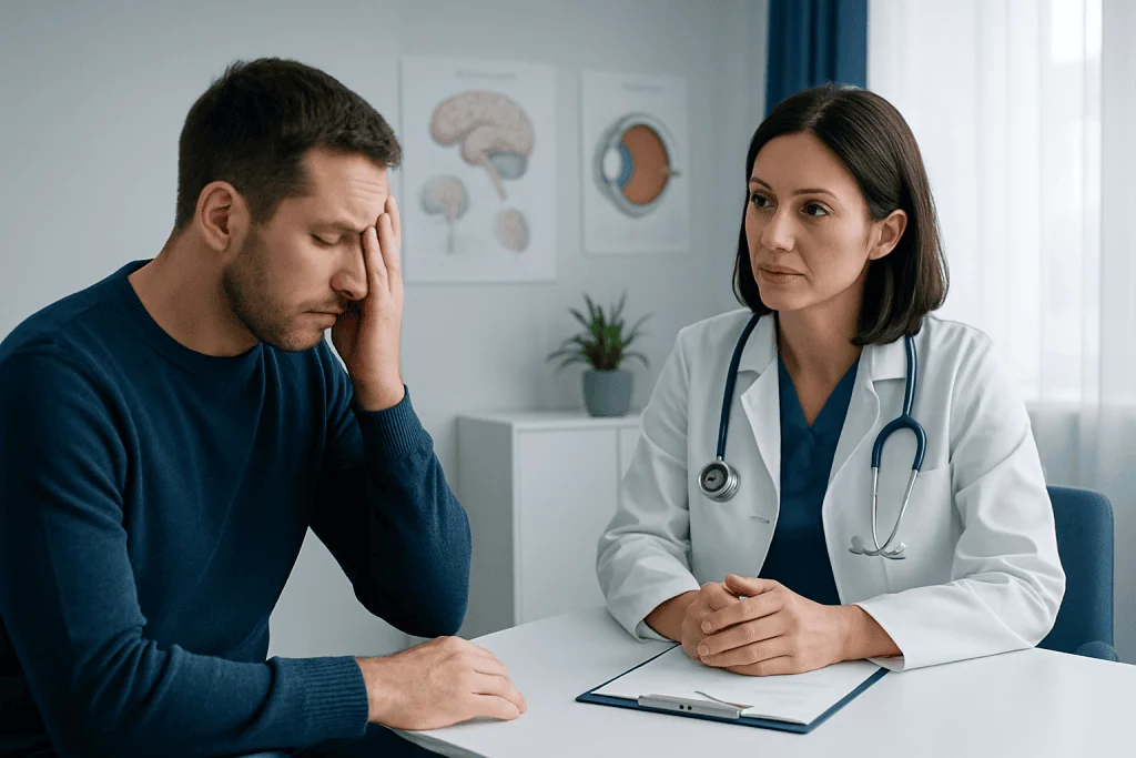 Patient consulting neuro-ophthalmologist about double vision after head injury.