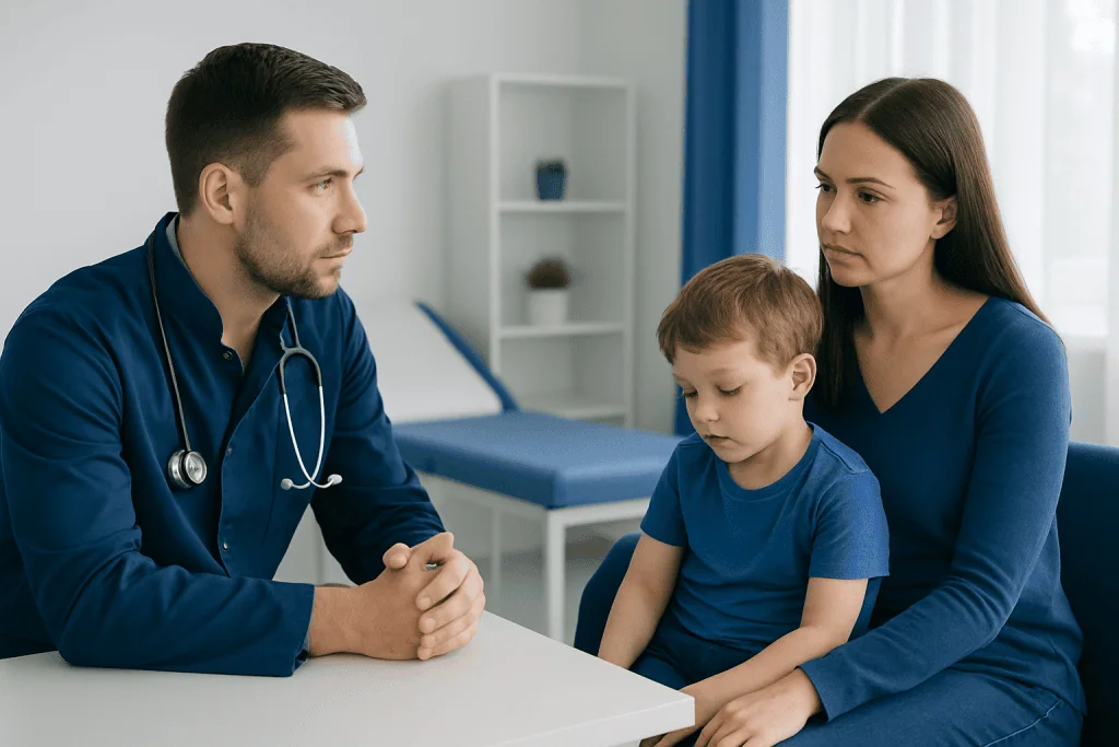 Pediatric neurologist consulting with a young boy and his mother in a clinic.
