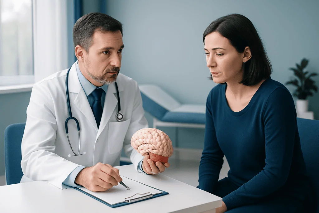 Doctor explaining brain health to a patient in a medical consultation room.