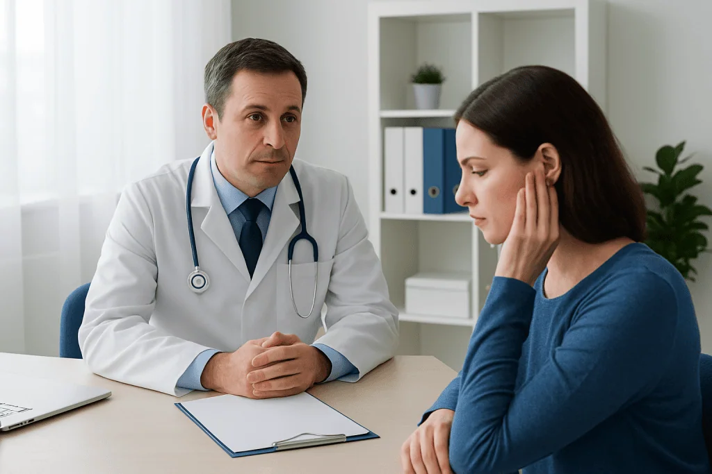 Doctor consulting with a patient about pulsatile tinnitus symptoms.