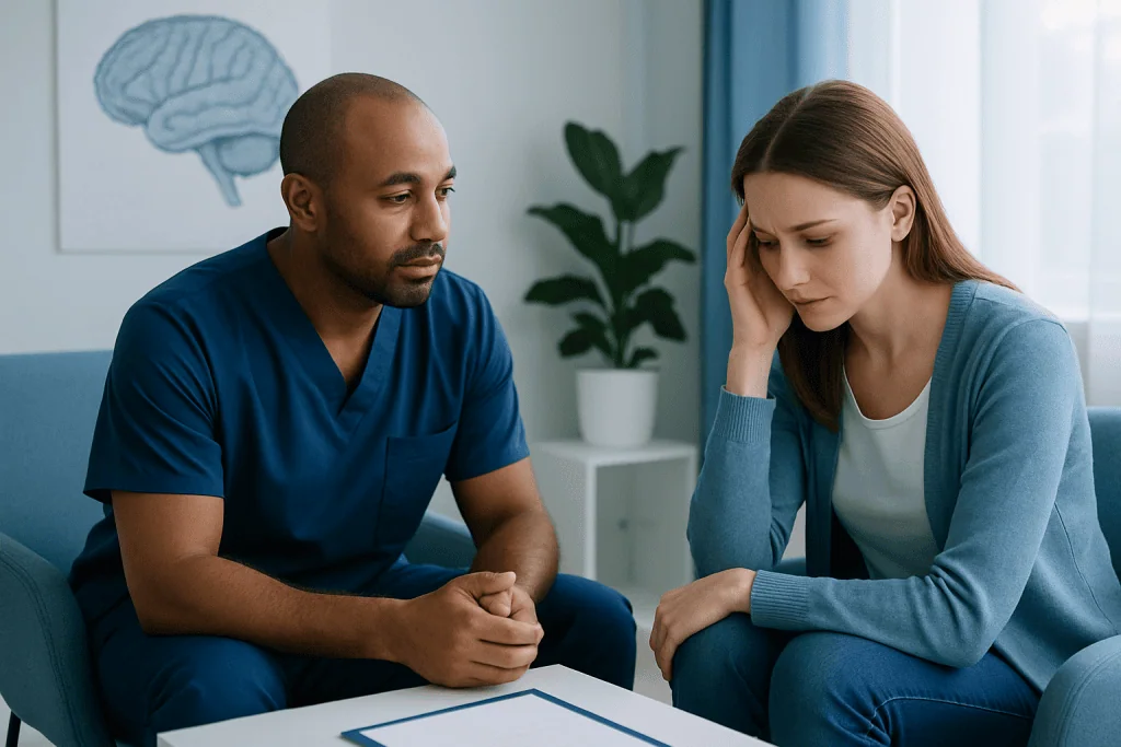 Doctor consulting with a young woman about neuropsychiatric symptoms.