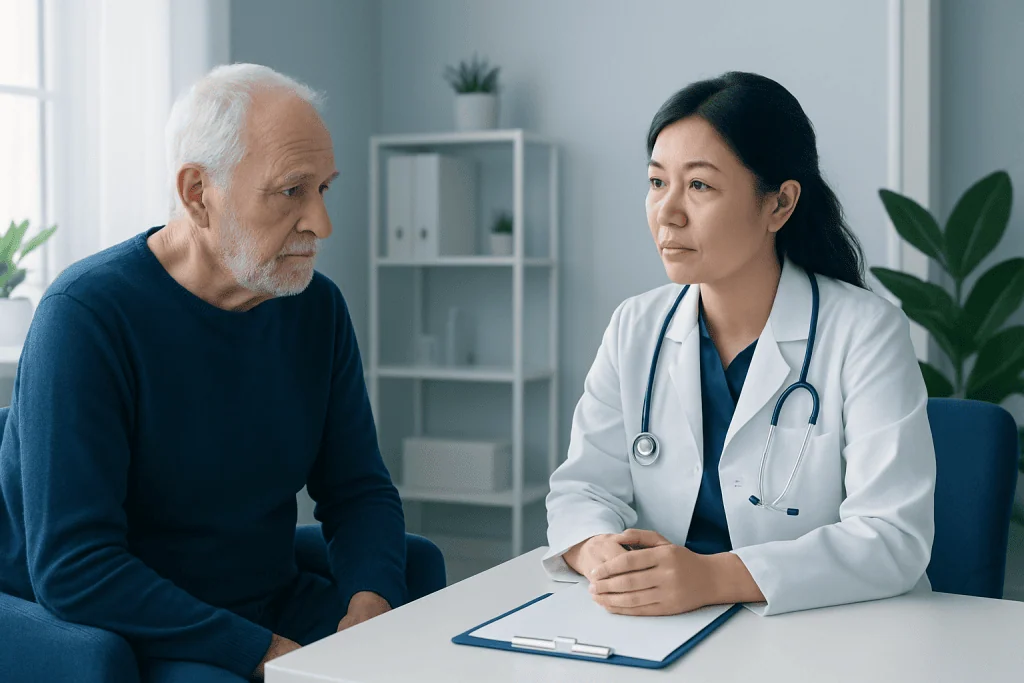 Doctor consulting with elderly patient in a medical office.
