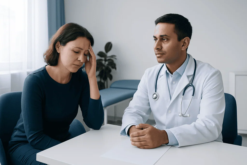 Patient experiencing headache during medical consultation at hospital.