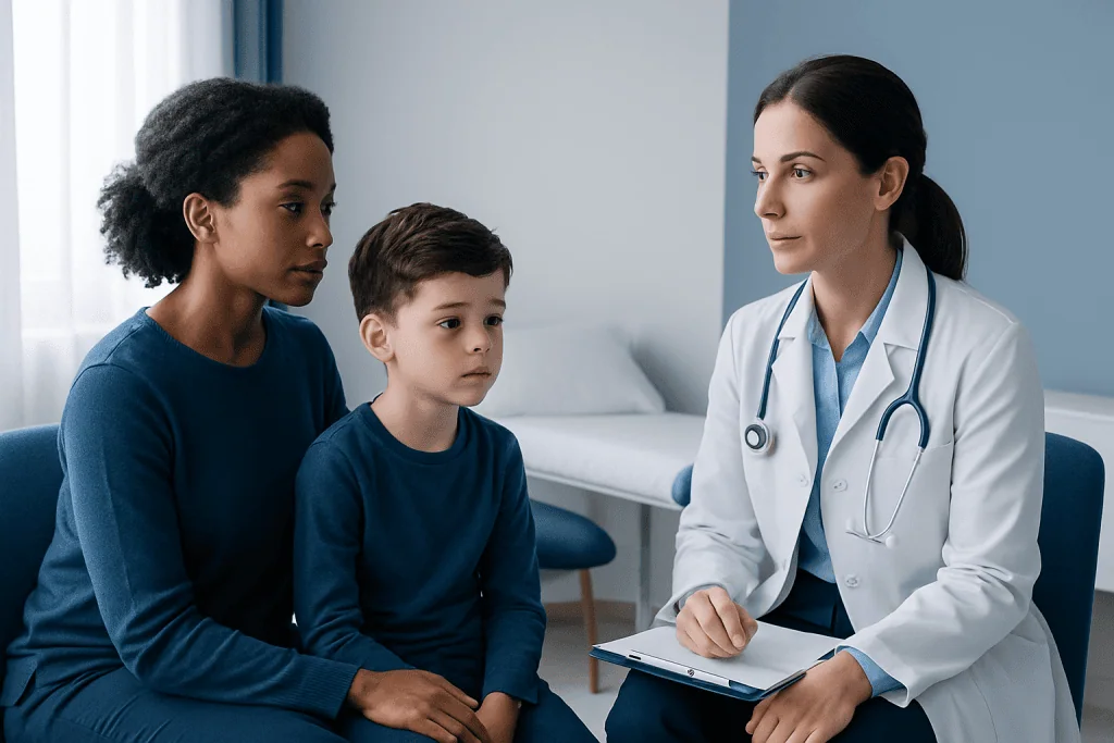 Pediatric sleep consultation with doctor and mother discussing child's sleep issues.