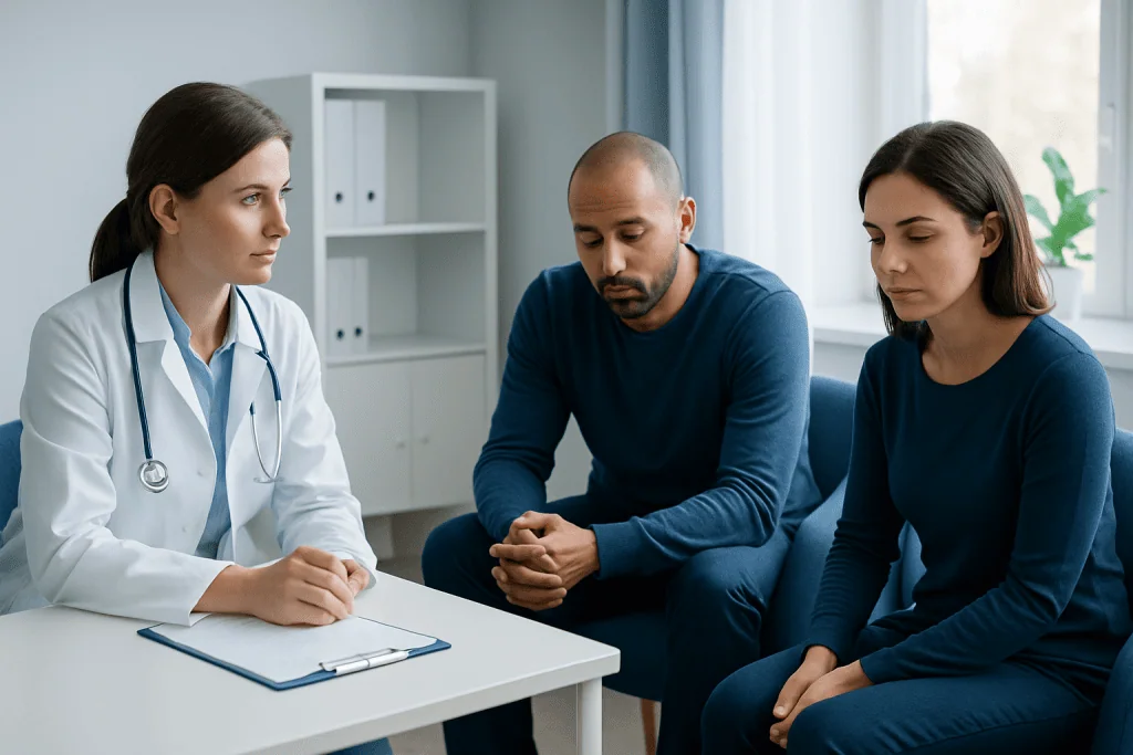 Doctor consulting with two patients in a medical office.