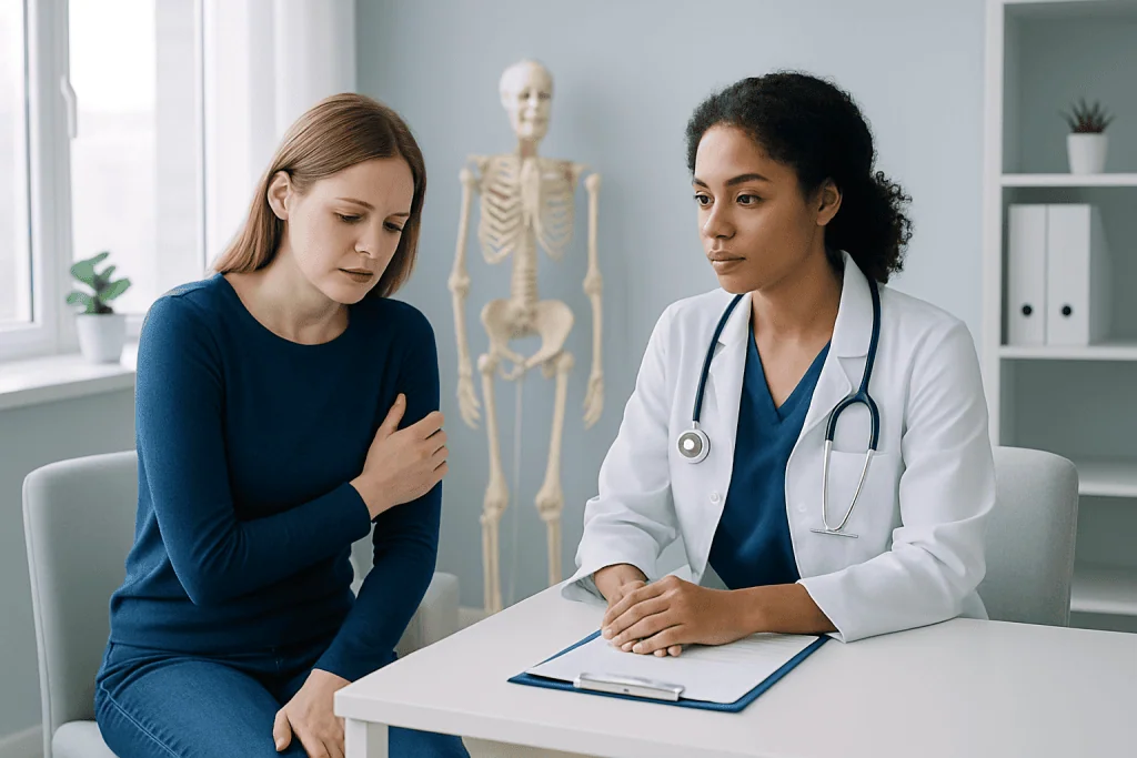 Doctor consulting with a patient about muscle weakness and neuromuscular evaluation.