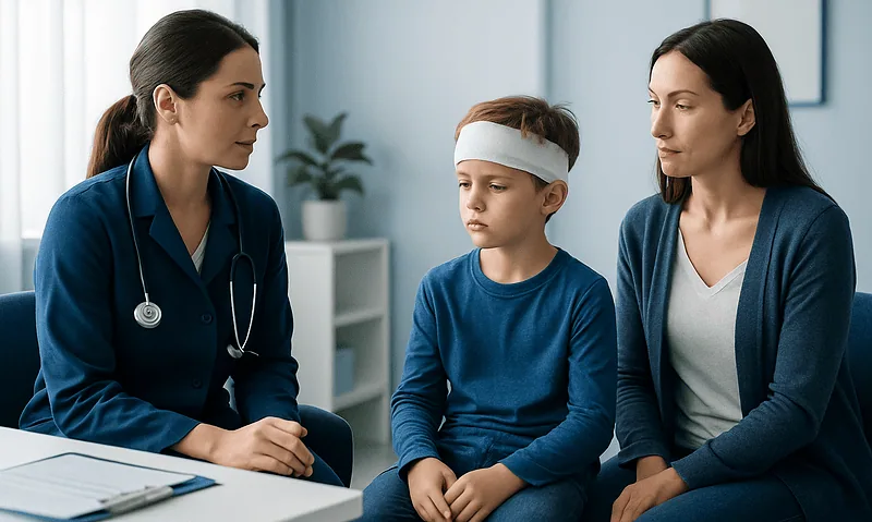 Doctor consulting with a young boy and his mother about concussion symptoms.