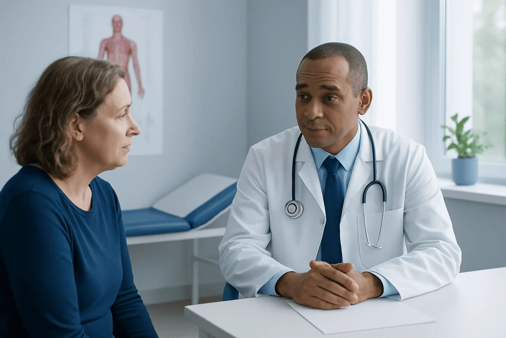 Doctor consulting with a female patient in a medical office setting.