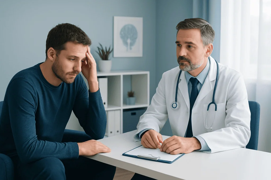 Doctor consulting with a patient about narcolepsy symptoms in a clinic.