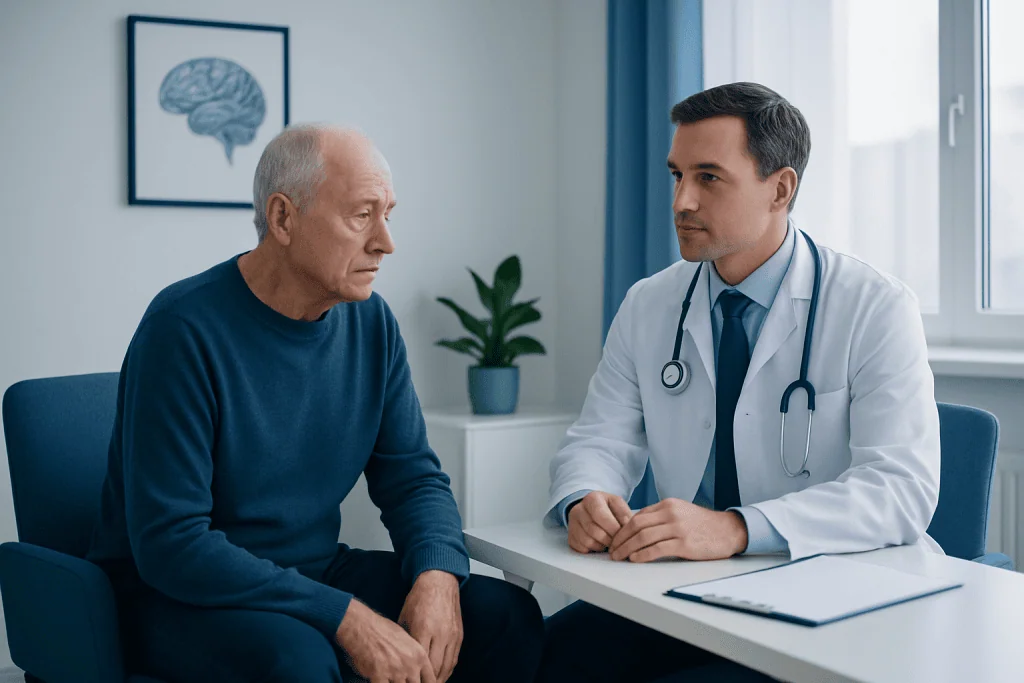 Doctor consulting with elderly patient in a medical office setting.