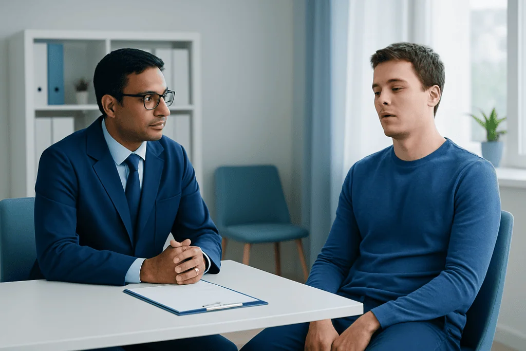 Doctor consulting with young male patient in a clinical setting.