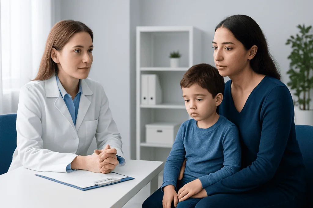 Child and mother consulting with pediatrician about developmental delay.