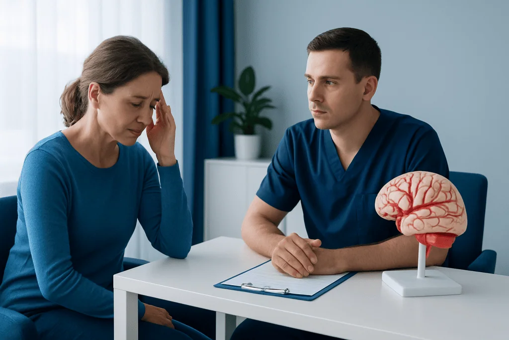 Patient consulting with doctor about brain health and symptoms.