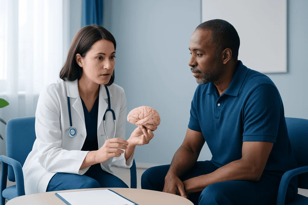 Doctor explains brain anatomy to patient during consultation at Acibadem Hospital.