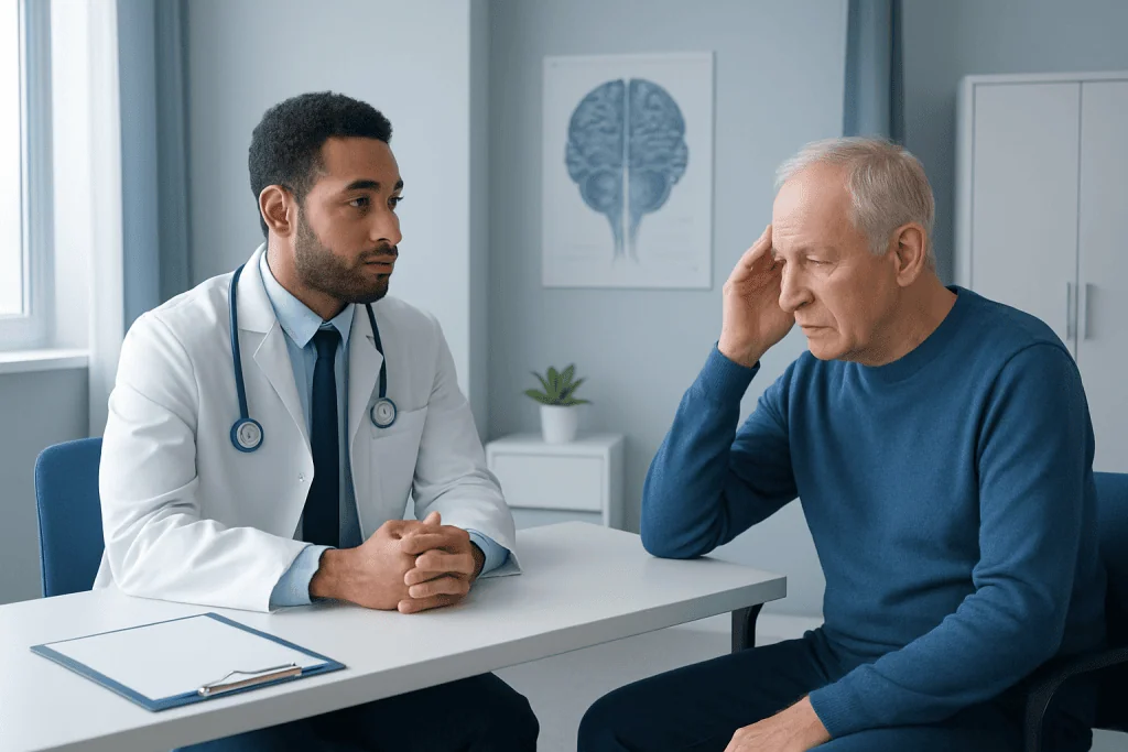 Doctor consulting with elderly patient about neurological health in clinic.