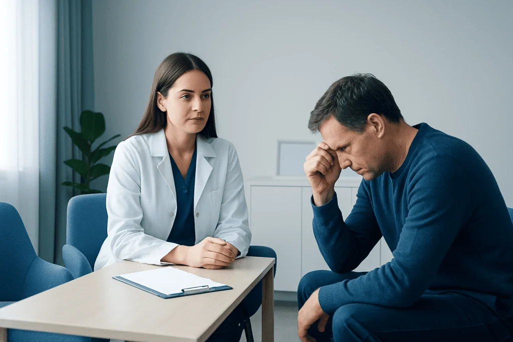 Psychiatrist consulting with a male patient in a therapy session.