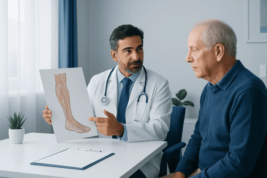 Doctor explaining leg nerve diagram to elderly patient in consultation room.